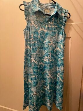 Lilly Pulitzer Aqua & White Tropical Print Sleeveless Collared Midi Dress